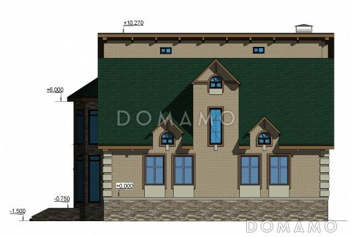 Проект одноэтажного дома с мансардным и цокольным этажами с эркером / Фасад 2