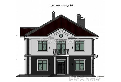 Проект загородного дома с верандой, полукруглым крыльцом, французским балконом, вытянутой кухней-гостиной-столовой / Фасад 1