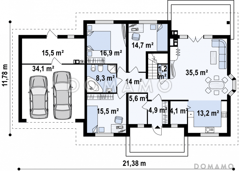 Проект одноэтажного дома из кирпича с мансардой, гаражом на два автомобиля и зоной барбекю на террасе / План 1 этажа