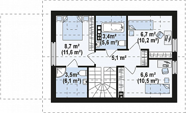 Проект компактного одноэтажного дома из кирпича с ночной зоной на мансардном этаже и с гаражом / План мансардного этажа
