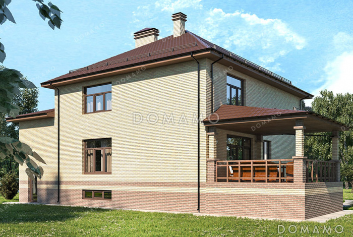 Проект двухэтажного дома с гаражом, оборудованным подвалом и крытой террасой