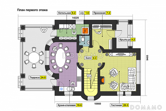 Проект дома с крытой террасой, колоннами, кухней-столовой с полукруглой стеной на террасу, эркером, спальнями и кабинетом на втором этаже / План 1 этажа
