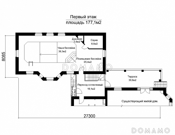 Проект пристроенного бассейна с эркером / План 1 этажа