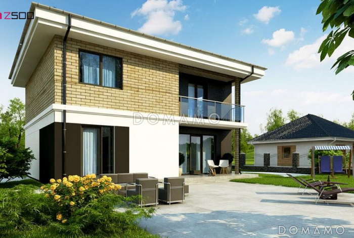 Проект загородного дома с террасой и балконом, кладовыми, просторной ванной с окном на втором этаже