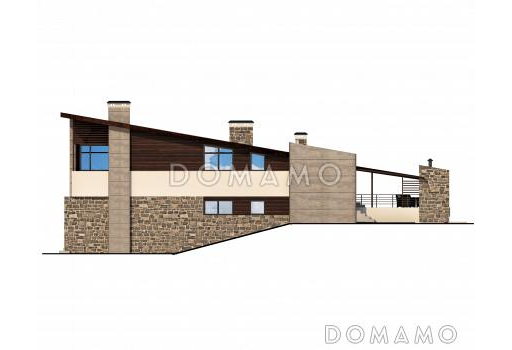 Проект дома с косой крышей, гаражом на две машины, просторной гостиной с камином, хозяйской спальней с камином и балконом, крытой террасой / Фасад 3