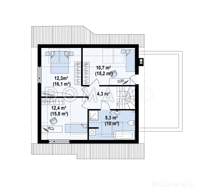 Проект одноэтажного мансардного дома из кирпича с пристроенным гаражом и террасой над ним / План мансардного этажа
