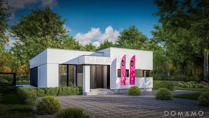 Проект дома из газобетона с террасой, панорамными окнами и плоской крышей