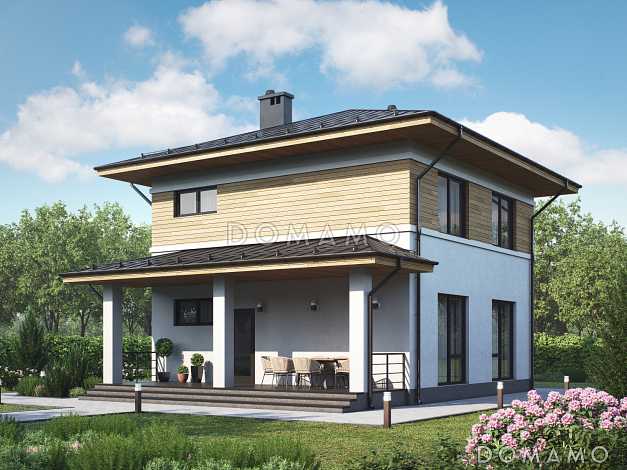 Проект загородного дома с комнатой на первом этаже, санузлом под лестницей, террасой