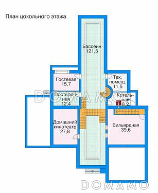Проект комфортабельного дома с большим бассейном, бильярдной, домашним кинотеатром, тренажерным залом и зимним садом / План цокольного этажа