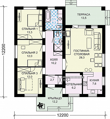 Проект одноэтажного дома из SIP панелей с тремя спальнями, шатровой крышей и комбинированной облицовкой / План 1 этажа