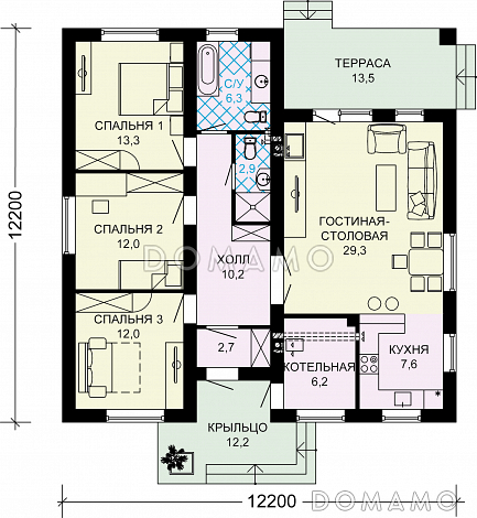 Проект одноэтажного дома из SIP панелей с тремя спальнями, шатровой крышей и комбинированной облицовкой / План 1 этажа