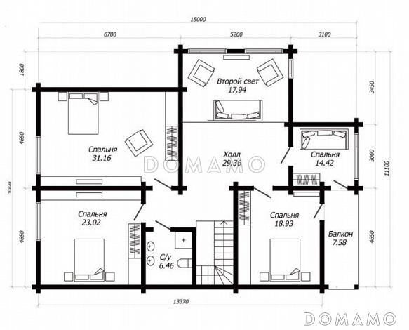 Проект дома из клееного бруса с тремя террасами / План мансардного этажа