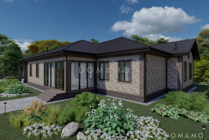 Проект кирпичного дома с навесом, гаражом и тренажерным залом