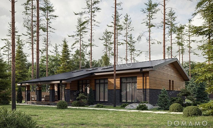 Проект одноэтажного дома с большой террасой и тремя спальнями