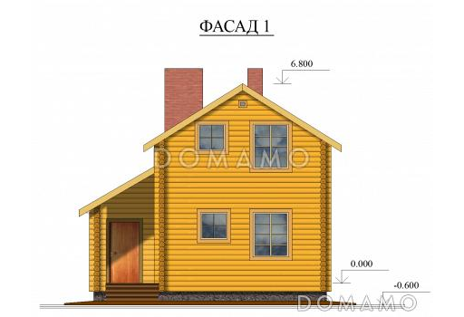 Проект компактного одноэтажного дома из оцилиндрованного бревна с мансардой / Фасад 1