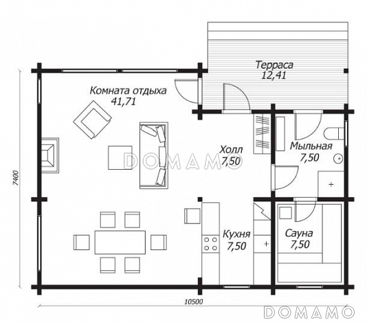 Баня из клееного бруса с панорамными окнами в комнате отдыха / План 1 этажа