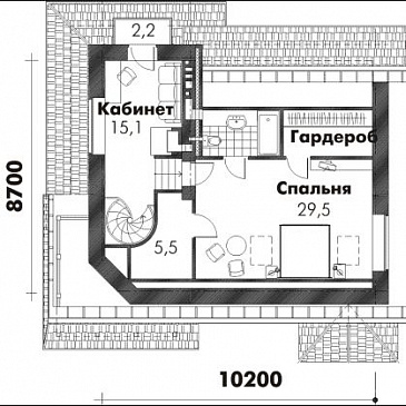 Проект трехэтажного дома из пеноблоков с просторной гостиной, балконом и кабинетом на третьем этаже / План мансардного этажа