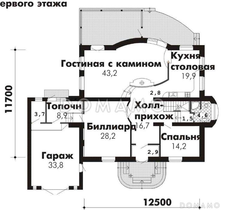 Проект комфортабельного дома с бильярдной, гаражом и гостиной с камином / План 1 этажа