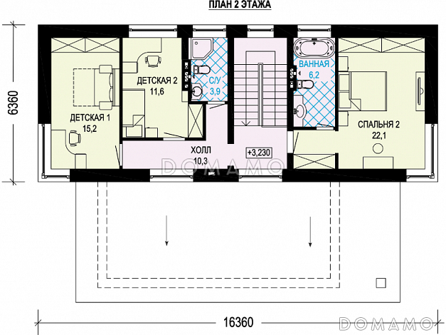 Проект дома с косой крышей, детскими комнатами, террасой, большой гостиной-столовой / План мансардного этажа