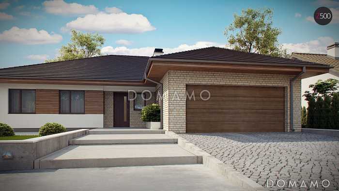 Проект просторного одноэтажного дома из кирпича с большой гостиной, тремя спальнями, кабинетом и гаражом на два автомобиля