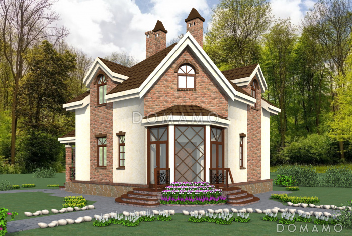 Проект квадратного  коттеджа  со входом с угла и большой террасой