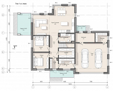 Проект современного дома с 5 спальнями, гаражом на 2 машины и террасой на втором уровне / План 1 этажа