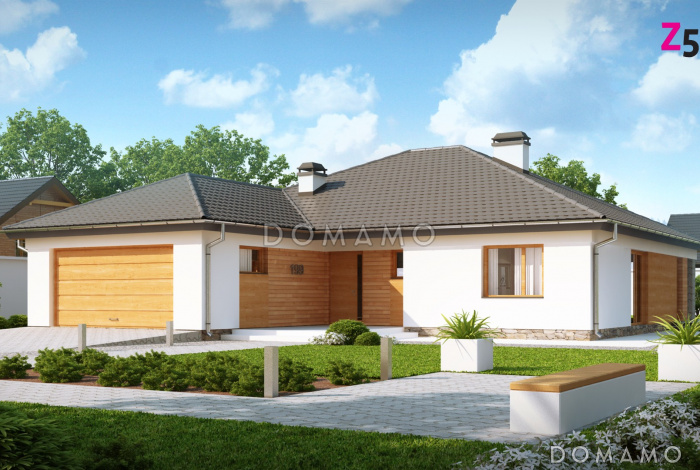 Проект одноэтажного дома из кирпича с просторной гостиной и гаражом на два автомобиля