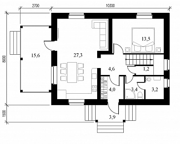 Проект небольшого двухэтажного кирпичного коттеджа с террасой при кухне / План 1 этажа