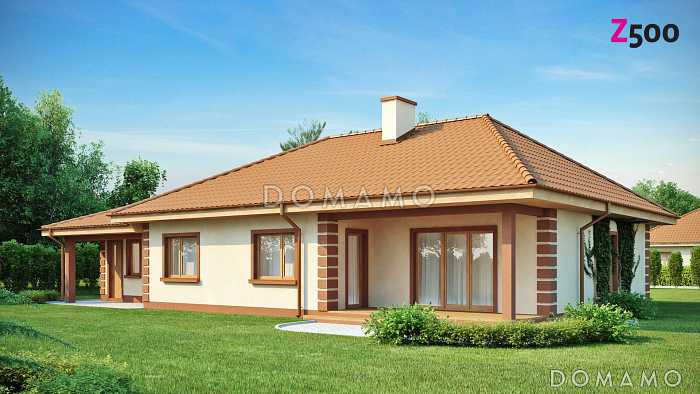 Проект просторного одноэтажного дома из кирпича с гаражом тремя спальнями