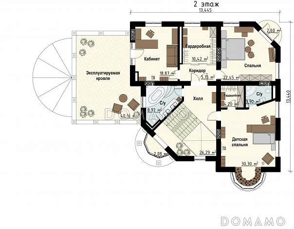 Проект загородного дома с цокольным этажом, бассейном, кабинетом, эксплуатируемой кровлей / План 2 этажа