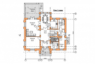 Проект двухэтажного коттеджа с террасой / План 1 этажа