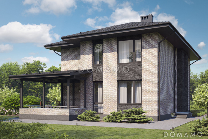 Проект двухэтажного газобетонного дома с большой гардеробной, пятью комнатами и пристроенной террасой