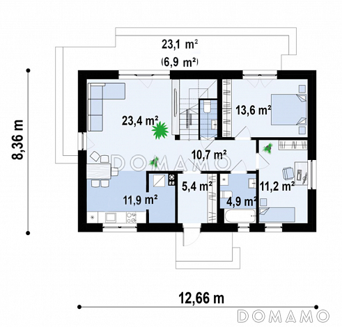 Проект небольшого загородного дома с большим чердаком, кладовой на кухне, двумя спальнями / План 1 этажа