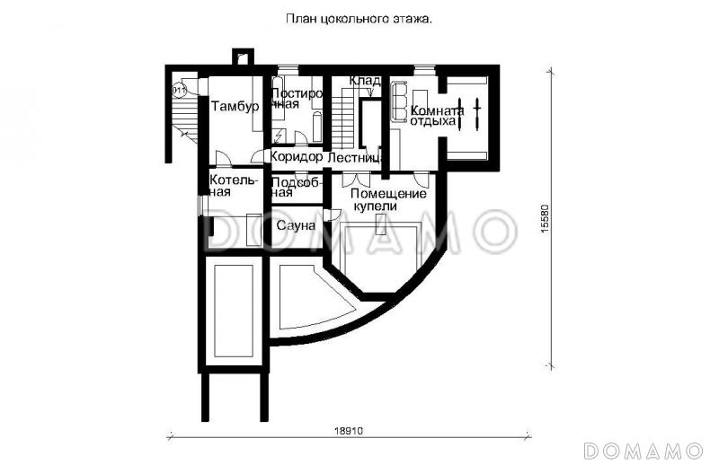 Проект трехэтажного дома с панорамными стеклами / План цокольного этажа