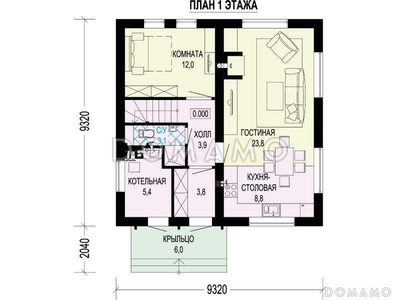 Проект загородного дома с отдельным входом в котельную,  спальней на первом этаже, ванной и санузлом на втором этаже / План 1 этажа