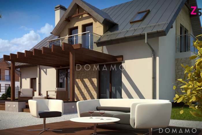 Проект одноэтажного коттеджа из газобетона с мансардным этажом, пятью спальнями и гаражом