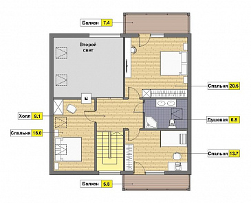 Проект каркасного дома с угловой террасой / План мансардного этажа