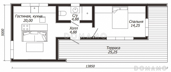 Проект небольшого каркасного дома с панорамным остеклением / План 1 этажа