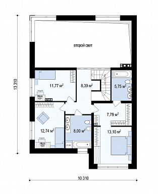 Проект современного двухэтажного дома из газобетона с плоской крышей, четырьмя комнатами, вторым светом и гаражом / План 2 этажа