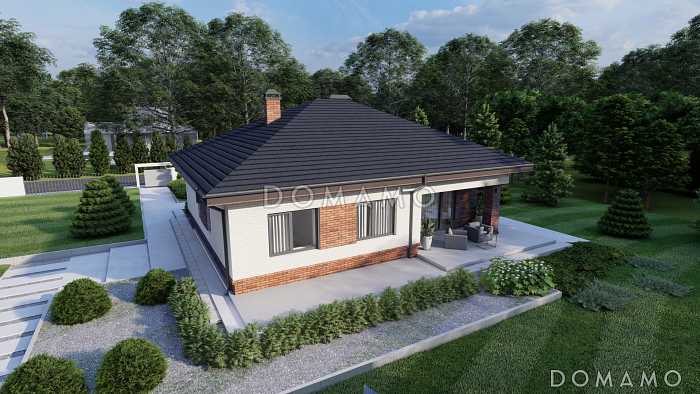 Проект одноэтажного дома с террасой, двумя санузлами, кухней и гостиной без перегородки