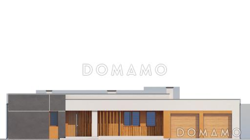 Проект просторного современного одноэтажного дома из кирпича с тремя спальнями и гаражом с двумя отдельными въездами / Фасад 1