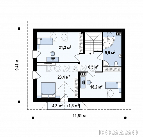 Проект дома с террасой, балконом, мансардными окнами, эркером в гостиной / План мансардного этажа