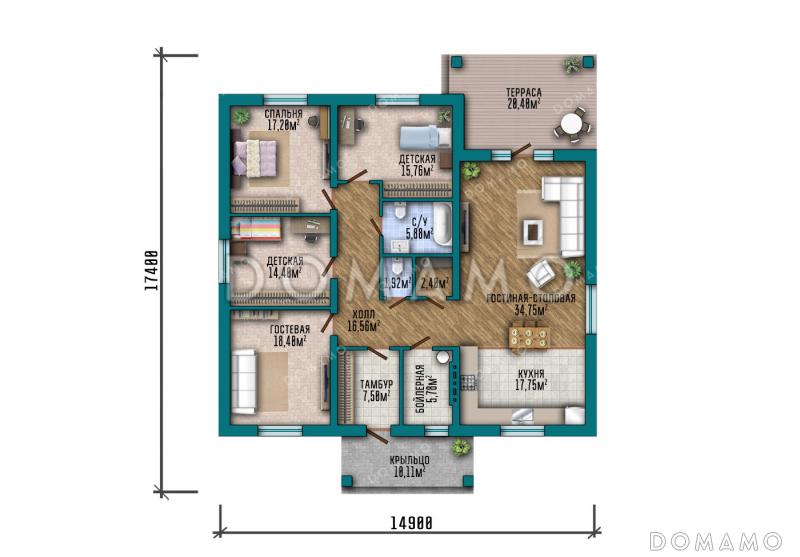 Проект одноэтажного дома в классическом стиле с угловой террасой, большой кухней-гостиной и четырьмя спальнями / План 1 этажа