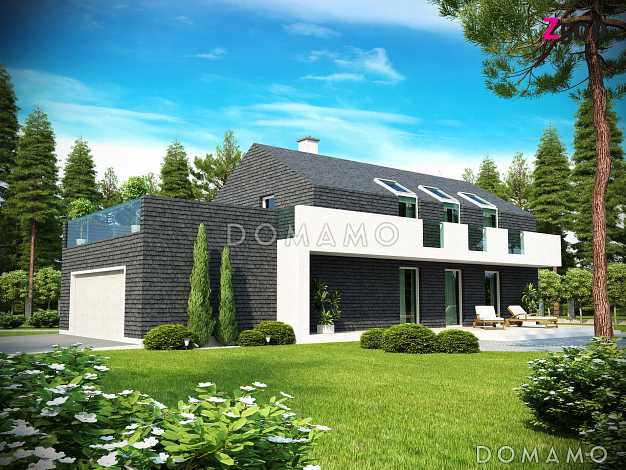 Проект современного двухэтажного дома из кирпича, с тремя спальнями, гаражом и террасой над ним