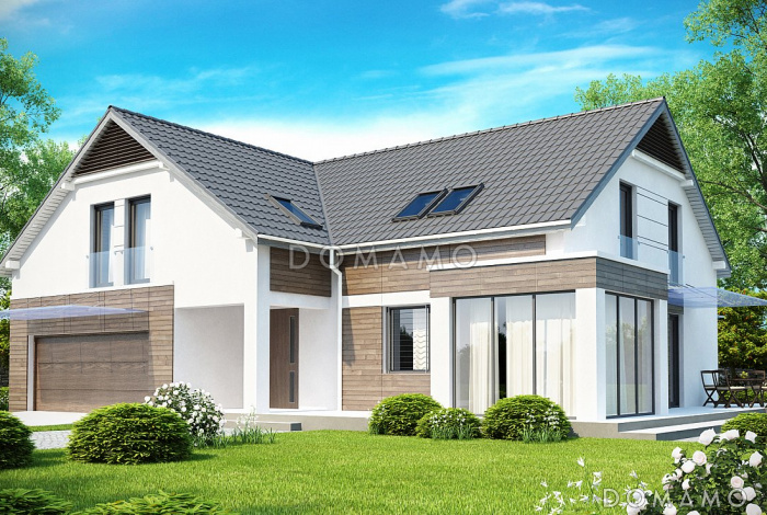 Проект красивого одноэтажного дома с мансардным этажом из кирпича со стеклянным угловым эркером и гаражом на два автомобиля 