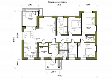 Проект одноэтажного дома с многофункциональной кухней, верандой и тремя спальнями / План 1 этажа