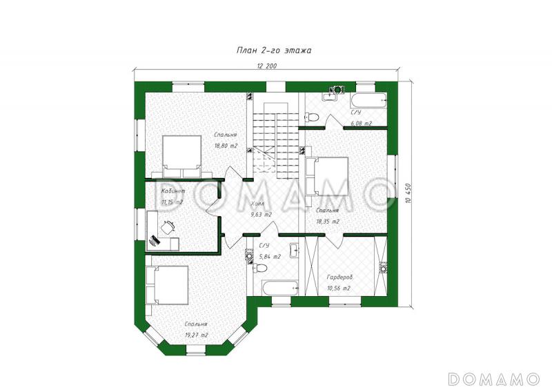 Проект дома из газобетона с эркером и навесом для автомобиля / План 2 этажа