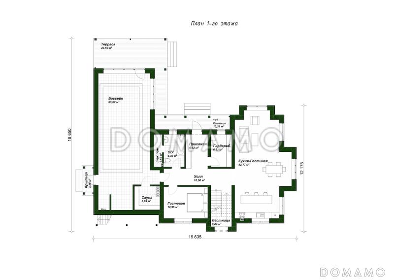Проект дома со спа-зоной, 5 спальнями и просторным холлом на втором этаже / План 1 этажа