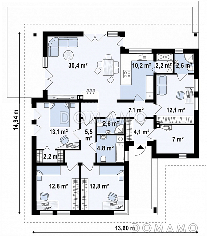 Проект одноэтажного дома из газобетона с дневной зоной в тыльной части дома и выходом на большую террасу / План 1 этажа