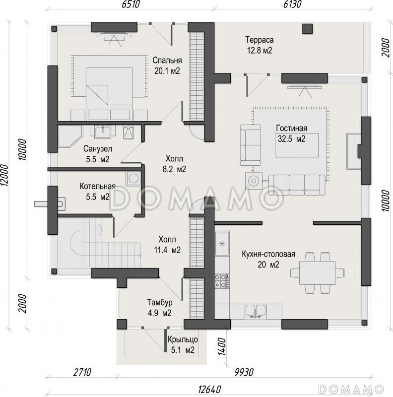 Проект двухэтажного кирпичного дома с двумя балконами на втором этаже / План 1 этажа